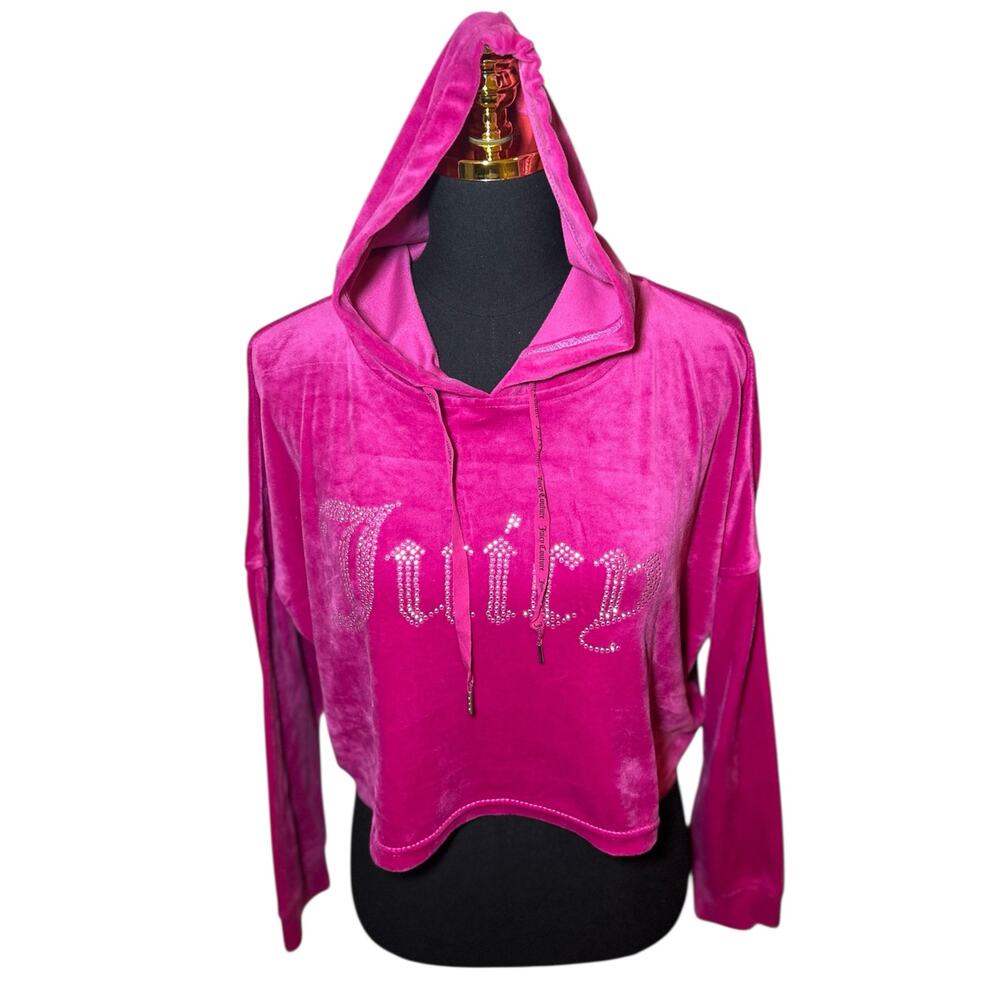 Juicy Couture Hot Pink Velour Cropped Hoodie Rhinestone Logo Size Large